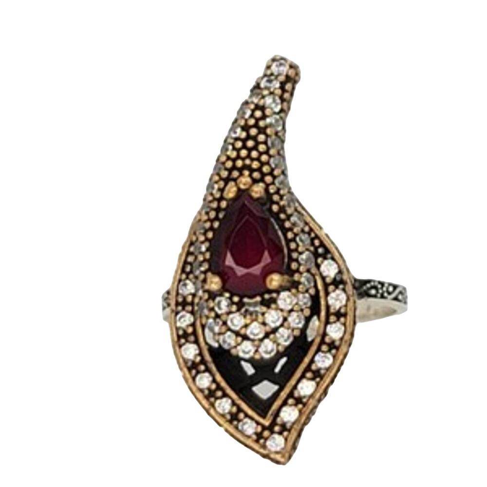 Intricate 925 Sterling Silver Pear Ruby & Round Zircons Ring Size 8
